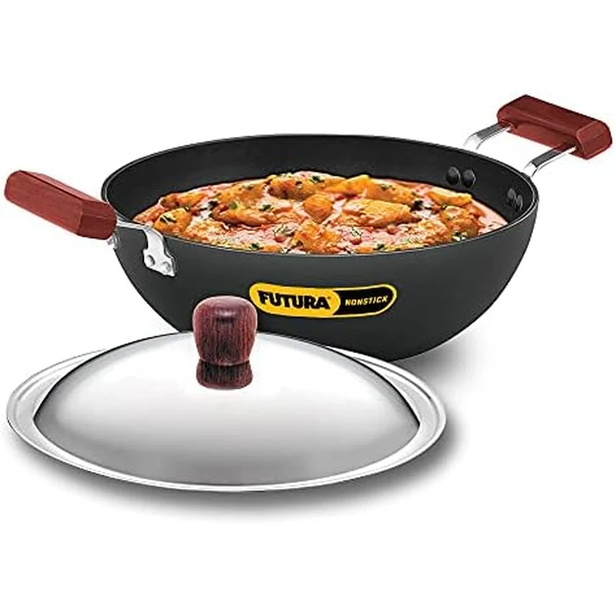 Hawkins IAD375S 3.75L Hard Anodised Deep Fry Pan (Kadhai) | Flat Bottom | Induction Compatible | Rosewood Handles | SS Lid