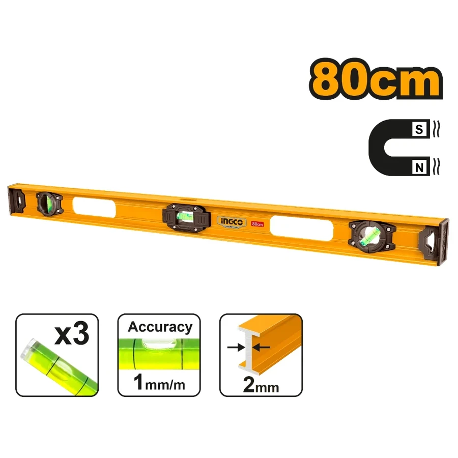 Magnetic Aluminum Spirit Level | HSL28080 | 80cm | Heavy-Duty 2.0mm Frame