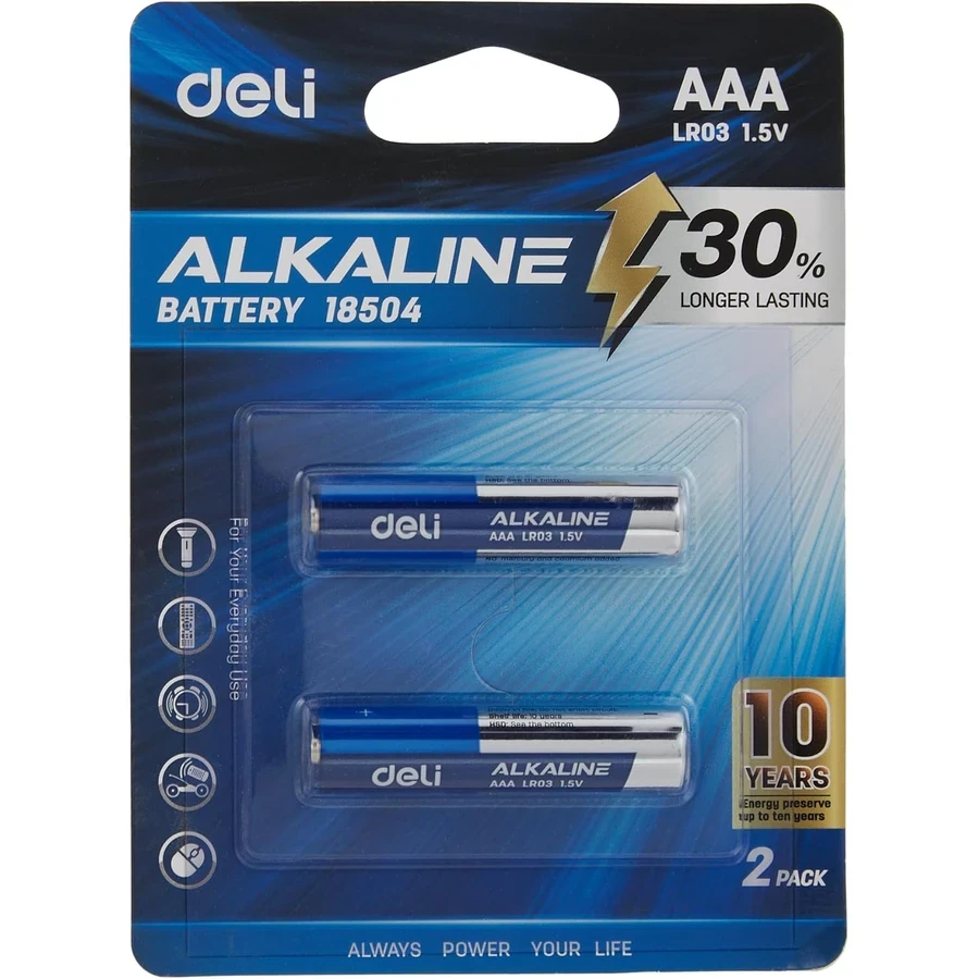 Deli E18504 AAA Alkaline Battery (2 Pack) - High Energy Ratio for Calculators, Toys, and High Drain Devices