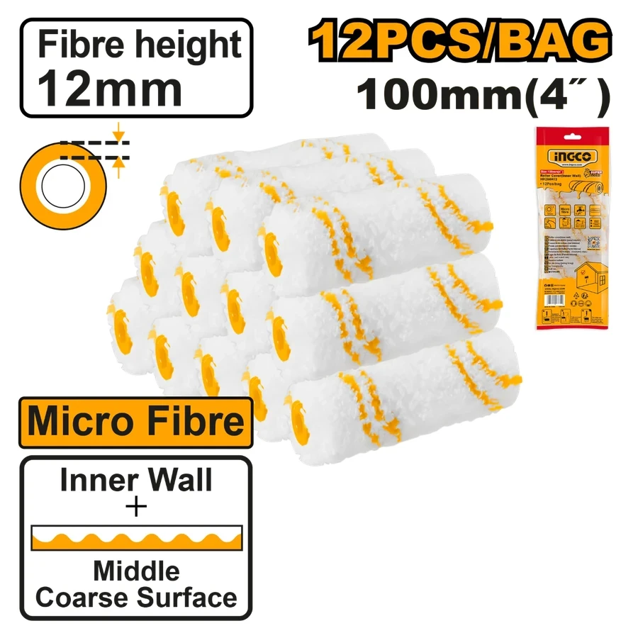 INGCO 12-Piece Microfiber Roller Cover Set | 4" Inner Wall Refills | HRC560412