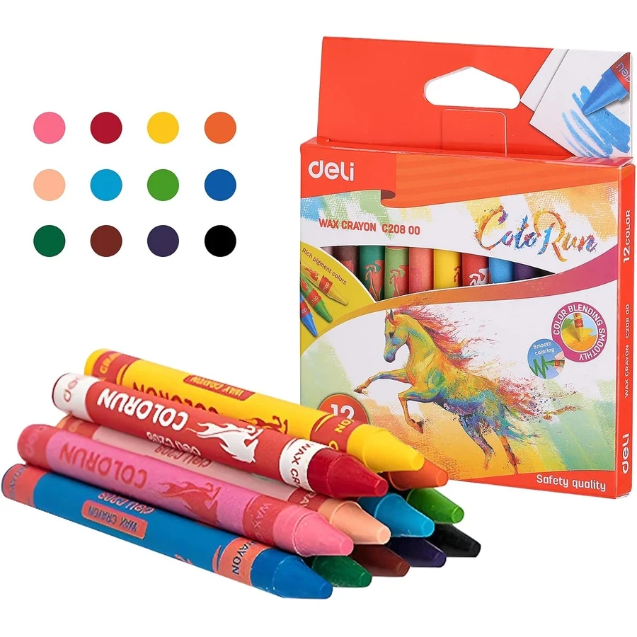 Deli EC20800 Wax Crayon Set - 12 Vibrant Colors, Round Point Tip for Smooth Drawing, Ideal for Kids and School Projects