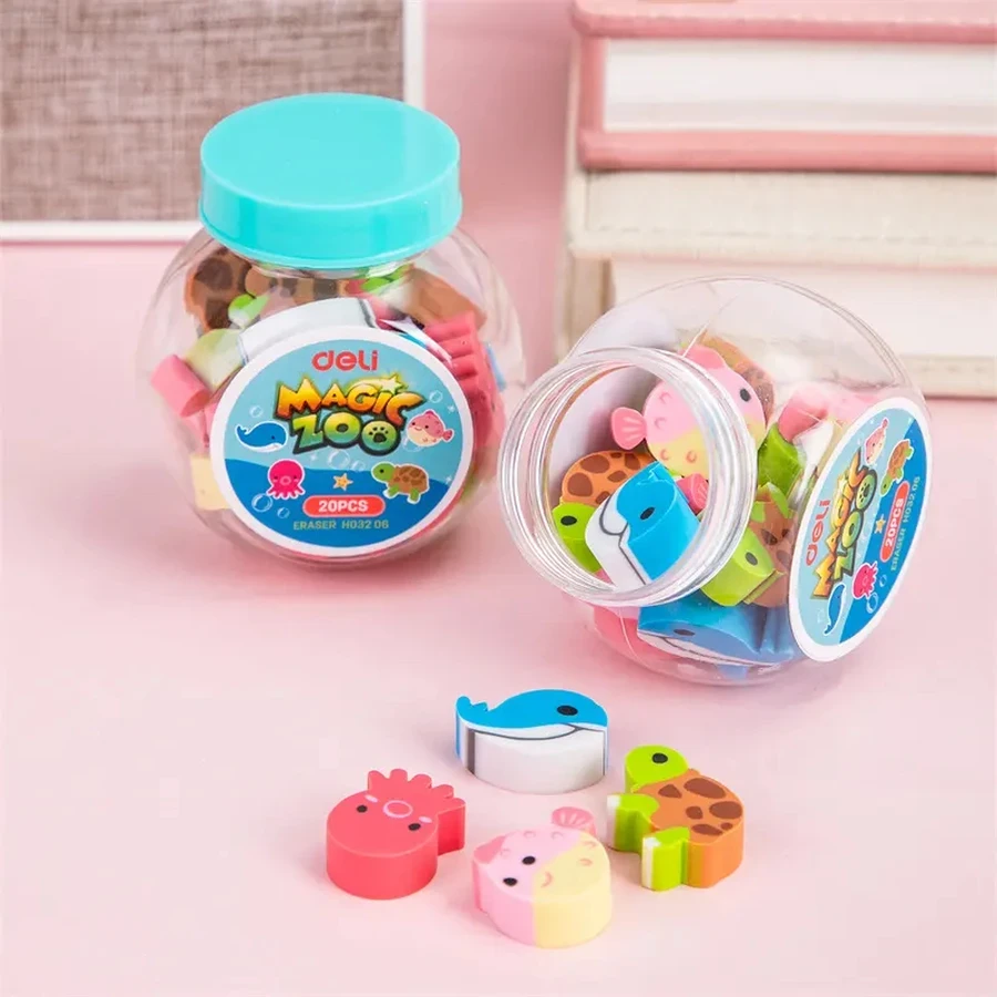 Deli EH03206 Cartoon Animal Eraser Set - 20 Pcs Assorted PVC-Free & Non-Toxic Cute Shaped Erasers in Portable Tube for Kids, Home & Office