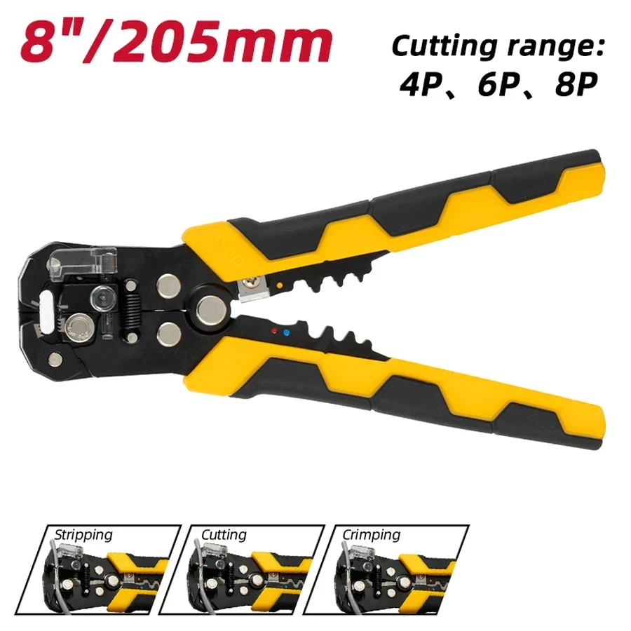 EDL2018 Multi-Function Wire Stripper 205mm - 3-in-1 Tool for Cutting, Stripping ($0.2-6\text{mm}^2$) and Crimping (4P/6P/8P), with Adjustable Strength (YELLOW+BLACK)