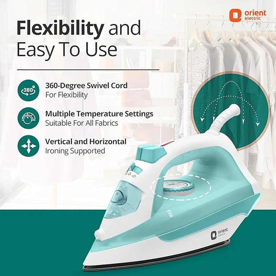 Orient Fabrifeel Steam Iron 2000W - Non-stick Soleplate, Fast Heat-up, High Steam Output for Smooth Ironing (White & Green)