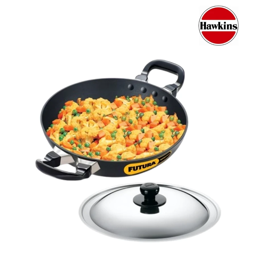 Hawkins NK15S Nonstick Deep Fry Pan (Kadhai) | 1.5 Liters | Round Bottom | Hard Anodised Aluminium | Stainless Steel Lid | Black