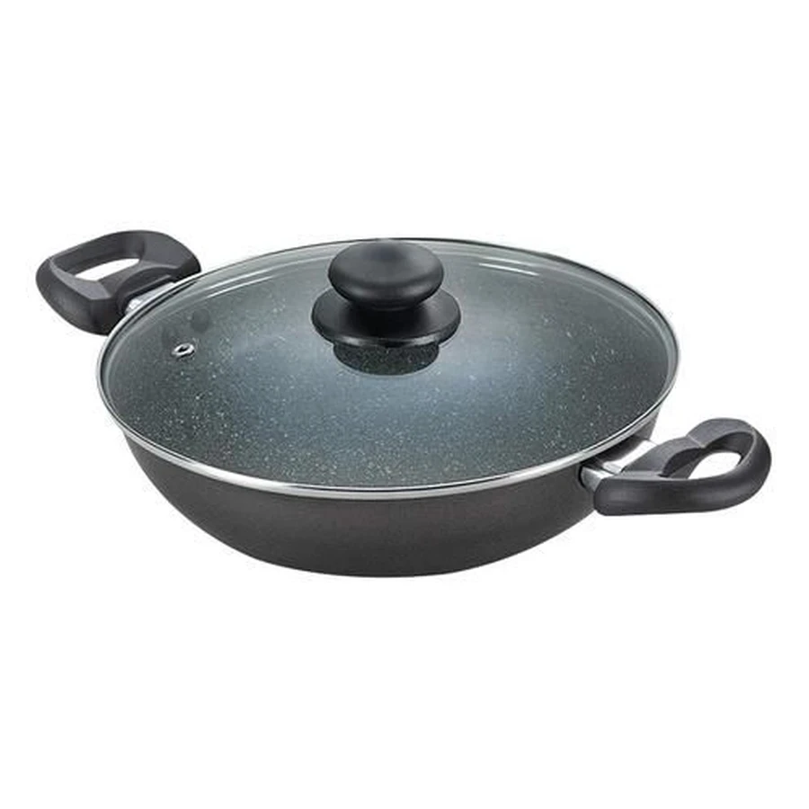 Prestige 36311 Omega Deluxe Granite Kadai 260mm | 5-Layer Non-Stick Coating | German Technology | Glass Lid | Black