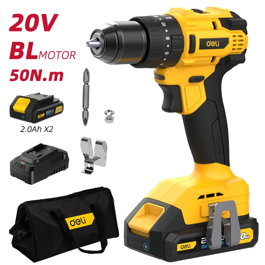 Deli EDC150 Cordless Brushless Impact Drill 20V - 50 N.m High Torque, Metal Ratchet 10mm Chuck, Dual 2.0Ah Batteries, 21+1+1 Settings (Yellow)