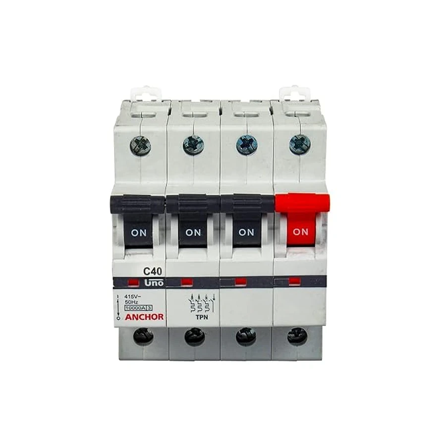 Anchor UNO 4P MCB 40A 'C' Curve 98039 - Four Pole, Standard Circuit Breaker Type, Overcurrent Protection for Three-Phase Systems