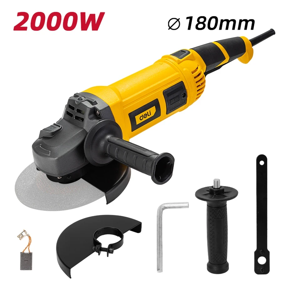 EDL-JM180-E1 Angle Grinder 2000W - 180mm (7") Disc, 8450 RPM, M14 Spindle, Ergonomic Grip, Easy External Brush Replacement (Yellow)