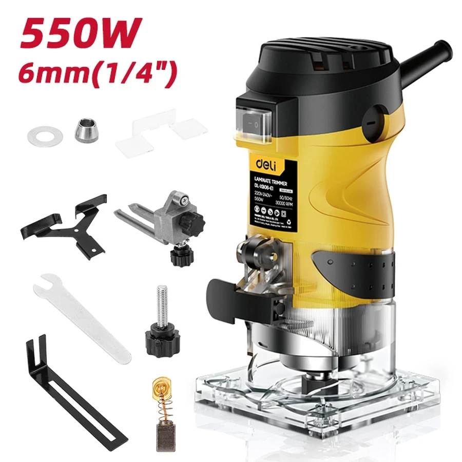 EDL-XB06-E1 Laminate Trimmer 550W - 30,000 RPM, 6mm (1/4") Chuck, Transparent Base, Multi-Purpose for Trimming, Carving & Grooving (Yellow)