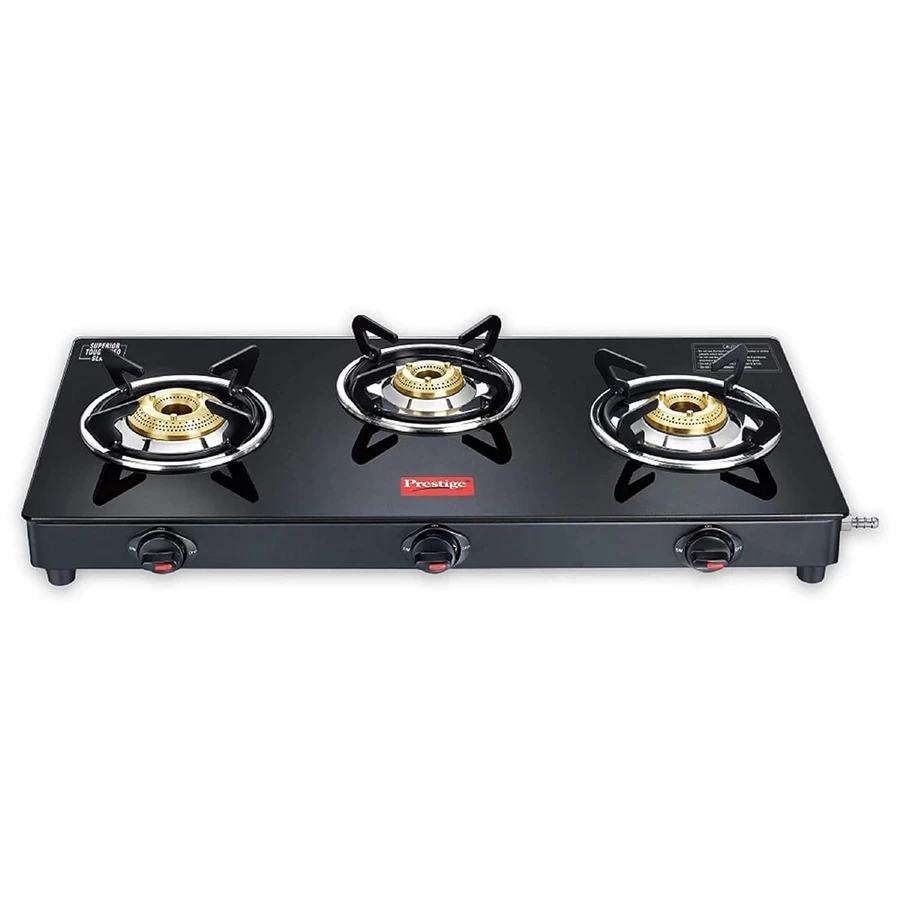 Prestige 40207 Marvel Plus GTM 03 AI Gas Stove | 3 Tri-Pin Brass Burners | Jumbo Burner | Piezo Auto Ignition | Toughened Glass | Black