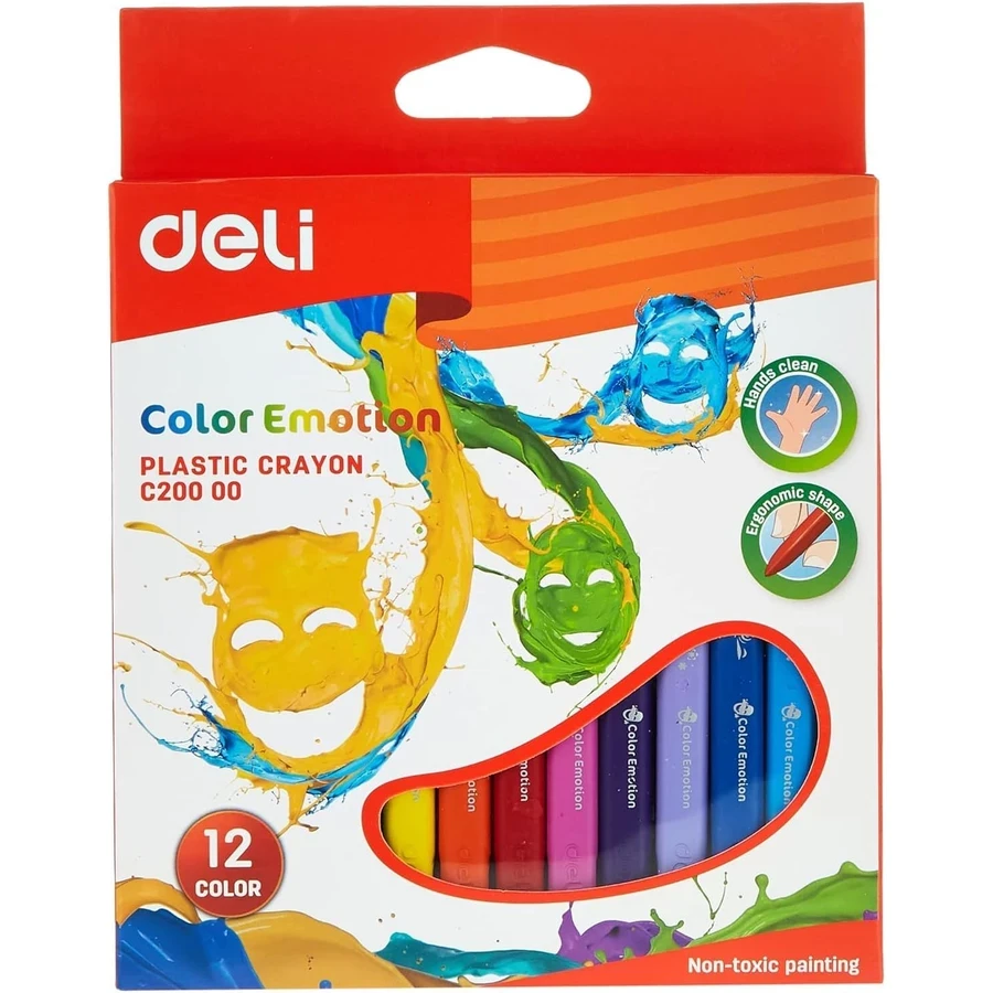 Deli EC20000 Color Emotion Plastic Crayons - 12 Piece Multicolor Set with Ergonomic Trihedral Shape and Safe Non-Toxic Coating