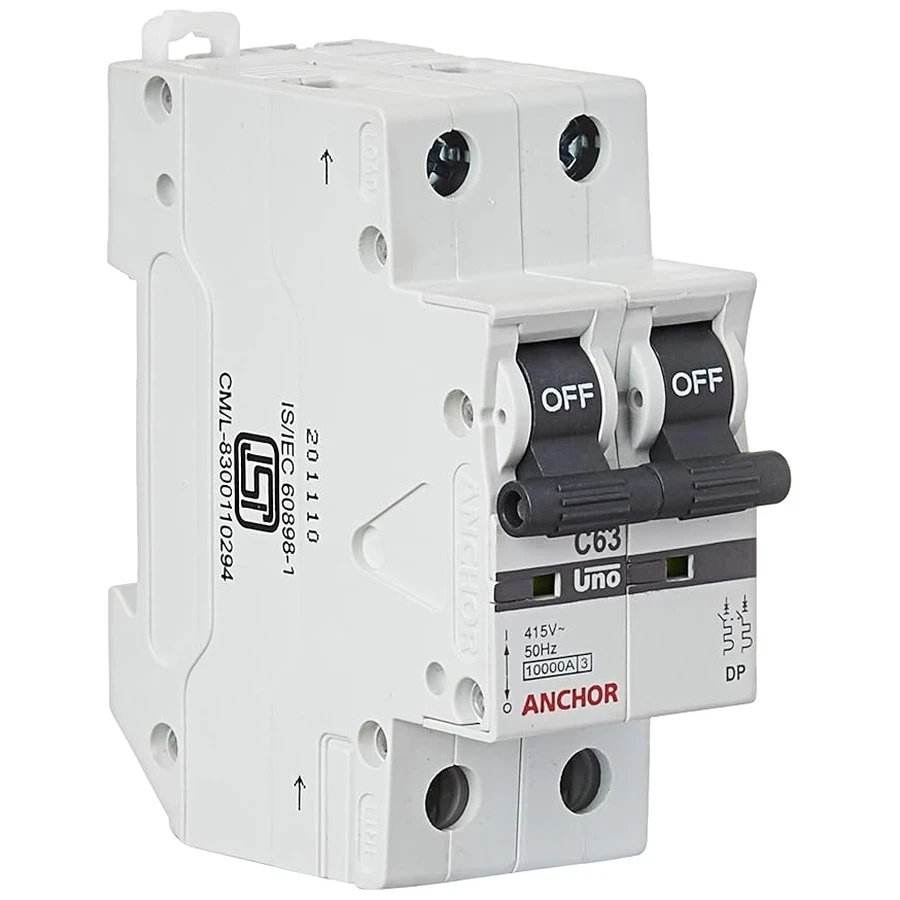 Anchor UNO DP MCB 63A 'C' Curve 98024 - Double Pole, High Current Capacity, Panel Mount Standard Circuit Breaker