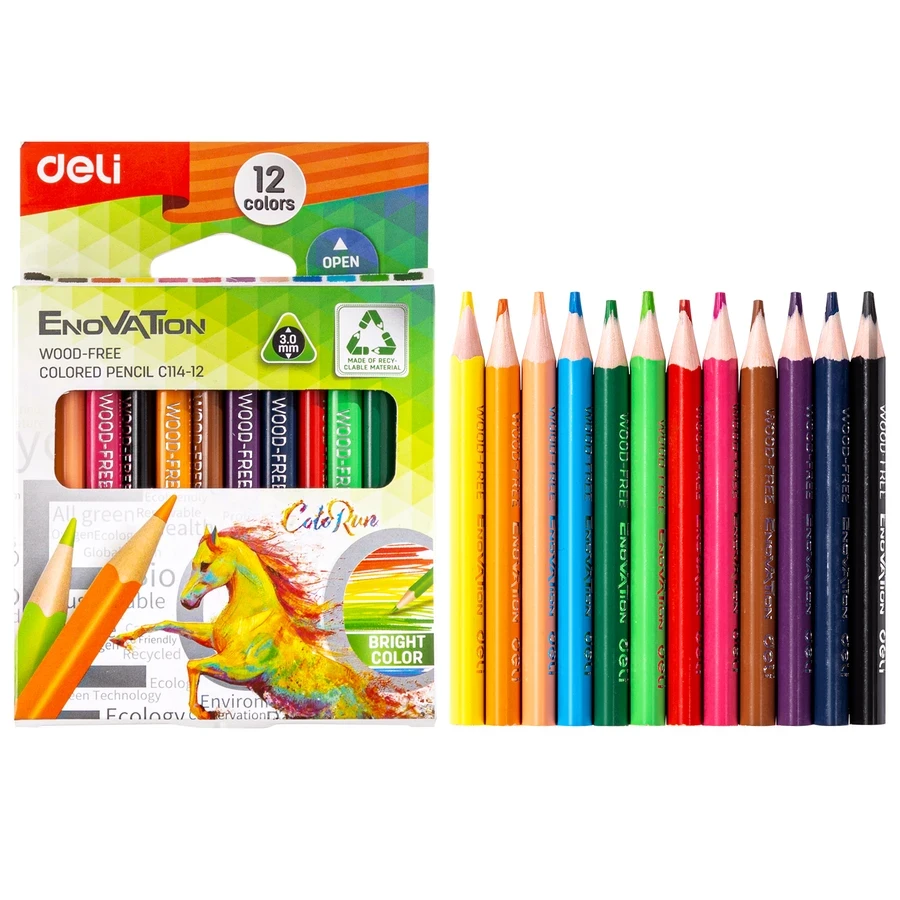 Deli Mini Colored Pencil Set EC114-12 - 12 Vibrant Colors, Wood Free Barrel, Smooth Coloring for Strong Coverage and Fine Strokes