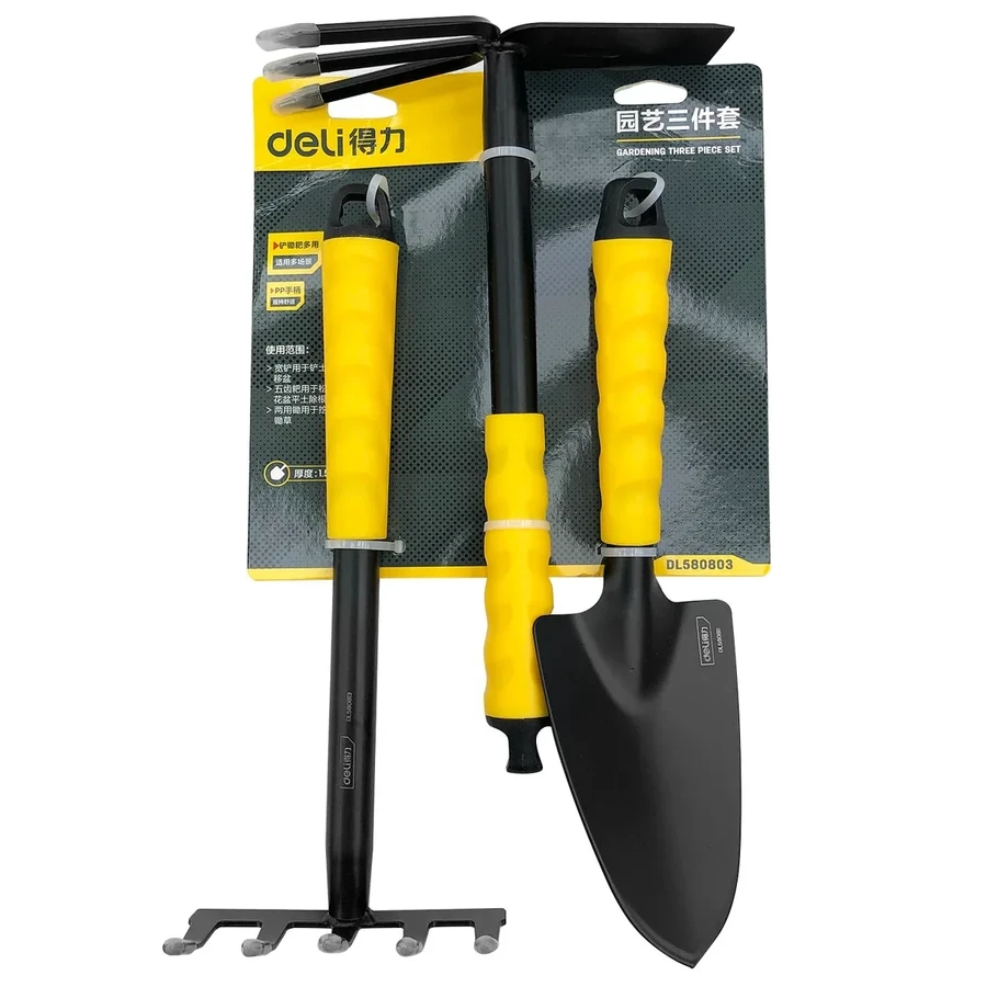 DL580803 Complete 3-in-1 Gardening Hand Tool Set - Includes Shovel, Hoe, and Harrow/Rake for Versatile Cultivation, Digging, and Weeding (GREEN)