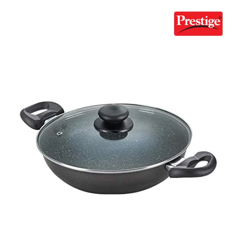 Prestige 36310 Omega Deluxe Granite Kadai 240mm | 2.4 Litre | 5-Layer Non-Stick | Gas Compatible | Glass Lid | Black