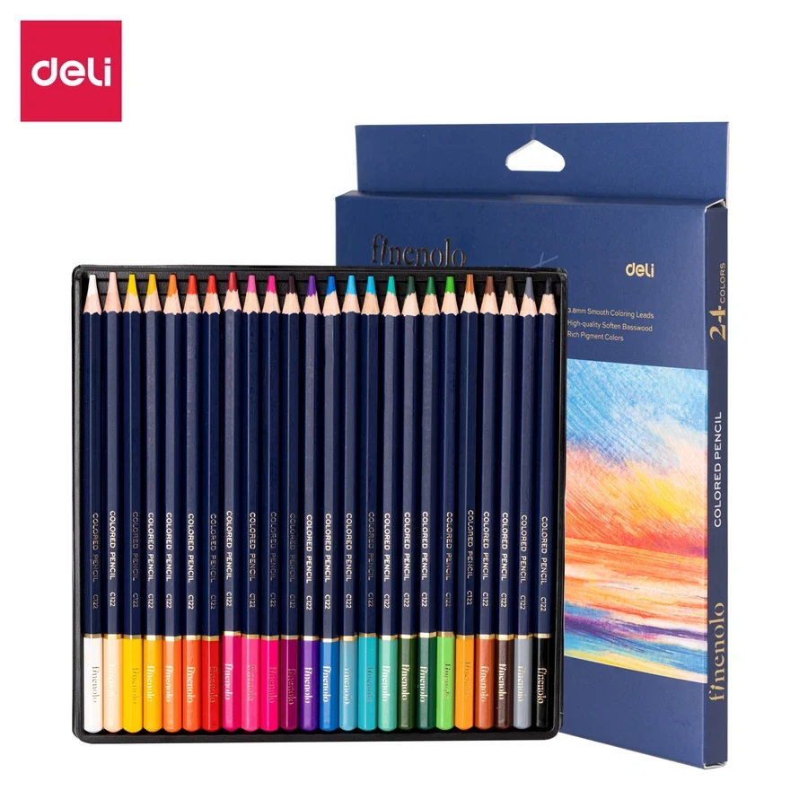DELI FINENOLO EC131-24 Colored Pencils - 24 Colors, 3.8mm Rich Pigment Leads, High-Quality Soft Bass Wood, and Hexagonal Barrel