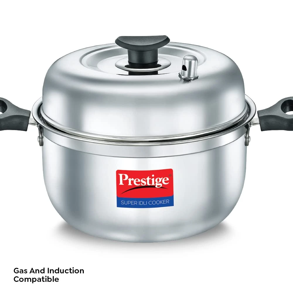 Prestige 36136 Super Idli Cooker 4 Plates | 304 Stainless Steel | Gas & Induction Compatible | Perma Cool Handles | Silver
