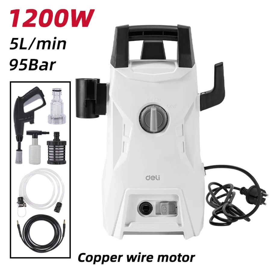 EDL882101 High Pressure Washer 1200W - Auto Stop System, IPX5 Waterproof, Self-Suction/Faucet Feed, Rotating Stepless Water Adjustment (White)