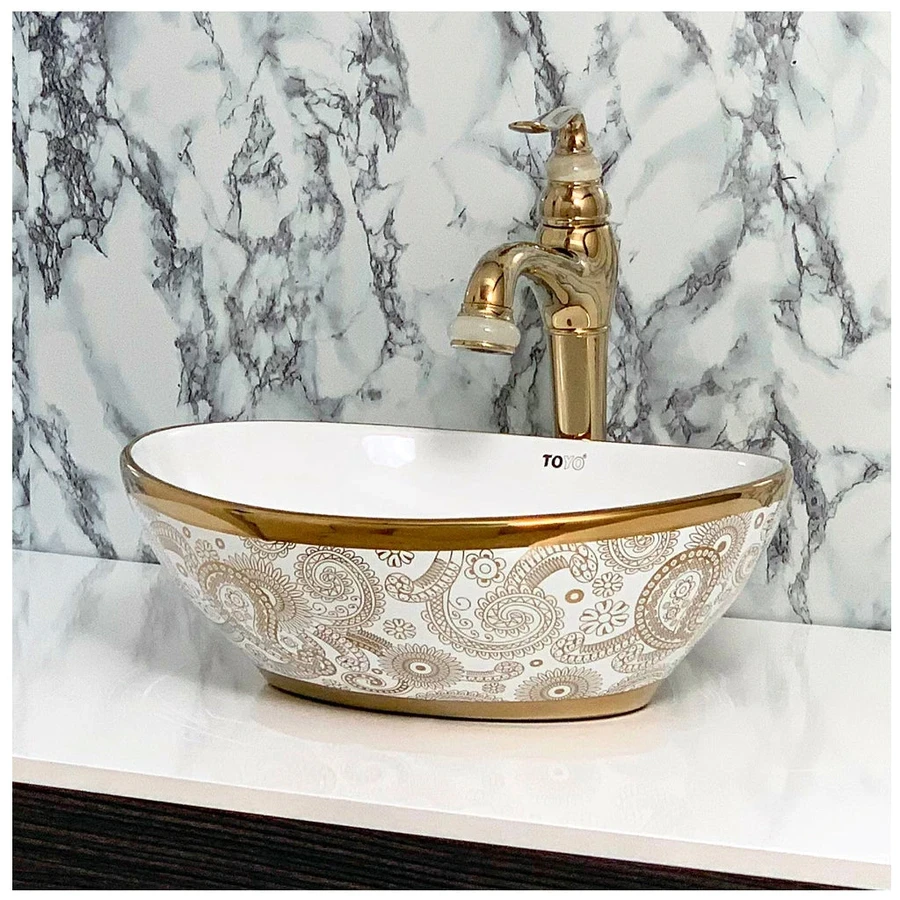 Toyo Poppy 191 Wash Basin - White & Golden Dual-Tone Finish (410 x 330 mm, 17x13 Inch)