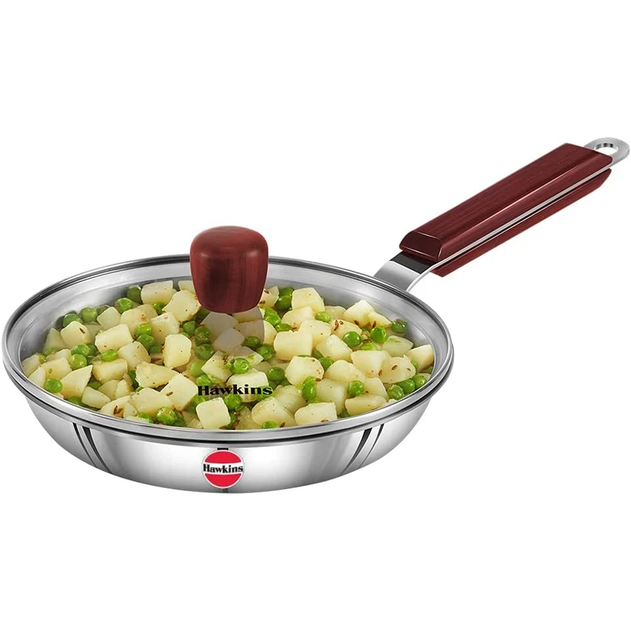 Hawkins SSF22G 22cm Tri-Ply Stainless Steel Frying Pan with Glass Lid | 3mm Extra Thick | Rosewood Handle | Induction & Gas Compatible