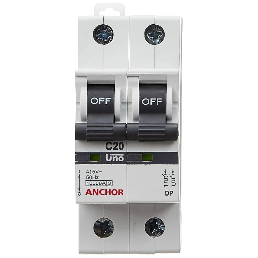Anchor UNO DP MCB 20A 'C' Curve 98020 - Double Pole, Medium Current Capacity, Panel Mount Standard Circuit Breaker