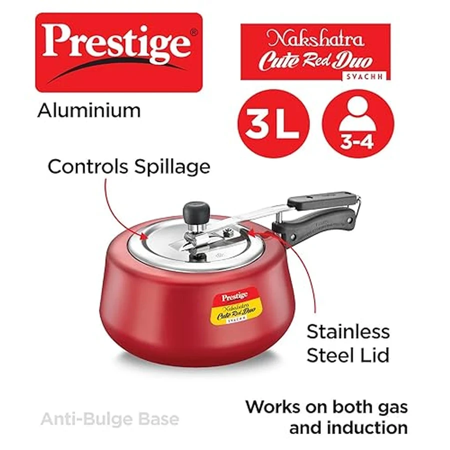 Prestige 10765 Nakshatra Svachh Cute Metalic Red Duo 3 LTRS | Deep Dish Spillage Control Lid | Induction & Gas Base | Metallic Red