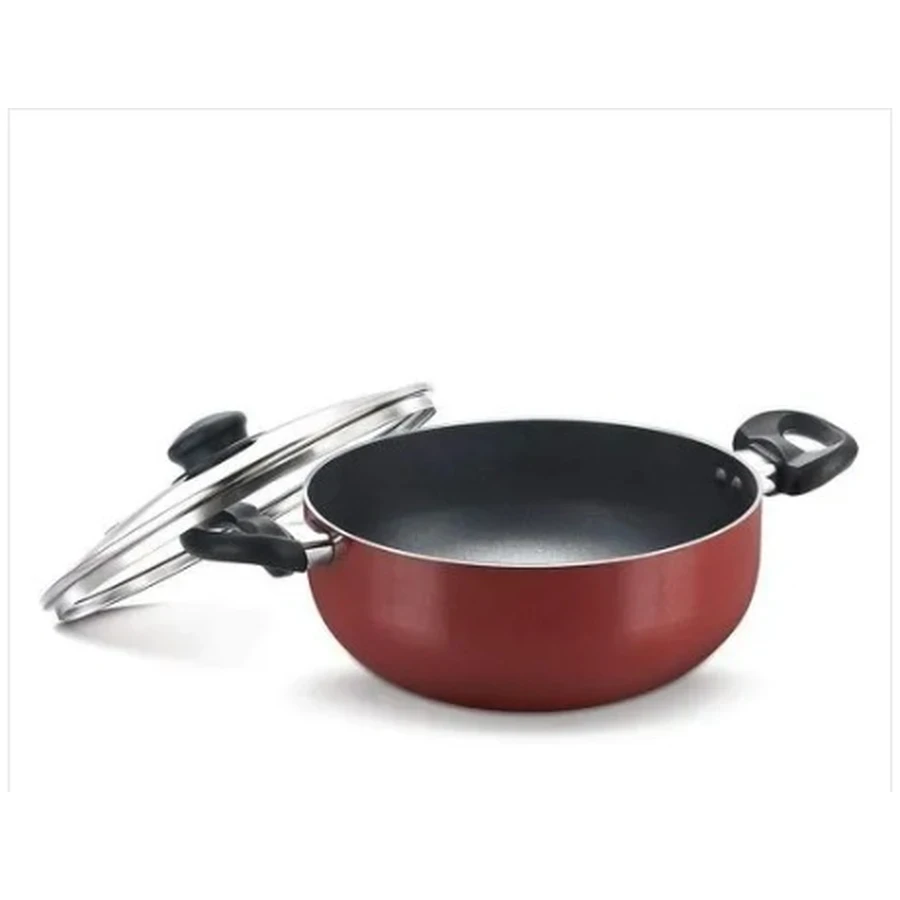 Prestige 36726 Omega Deluxe Deep Kadai 280mm | Induction Base Non-Stick Aluminium | Glass Lid | Metal Spoon Friendly | Red