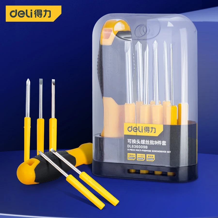 DL636009B 9-Piece Interchangeable Head Screwdriver Set - Multi-Bit Kit with Versatile Slotted and Phillips Heads, Compact and Portable for Home and General Repair