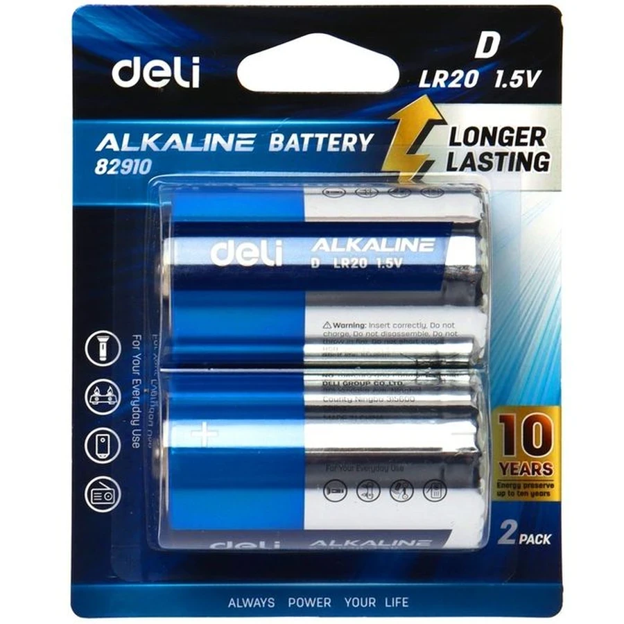 Deli E82910 D Alkaline Battery (2 Pack) - 1.5V, Leakproof, 10-Year Shelf Life, Eco-Friendly LR20 Cells