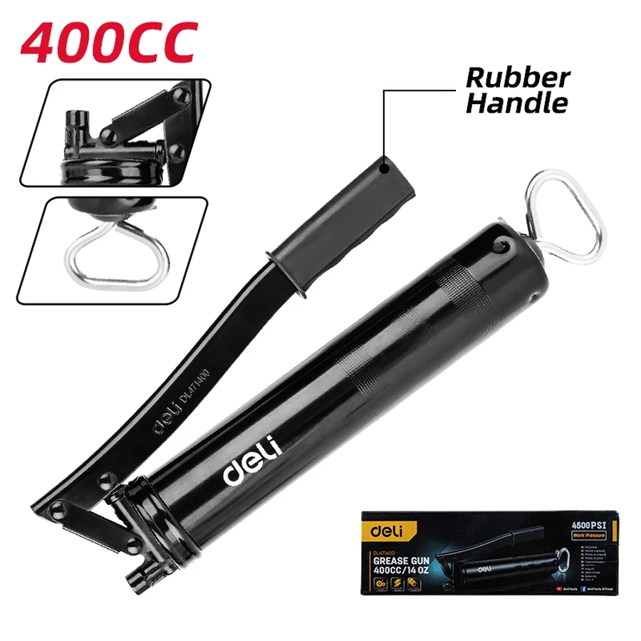 EDL471400 Professional Grease Gun 400cc (14oz) - 4500psi Working Pressure, Alloy Aluminum Head, Self-Priming Design, Includes Hose & Multi-Nozzles (Black)