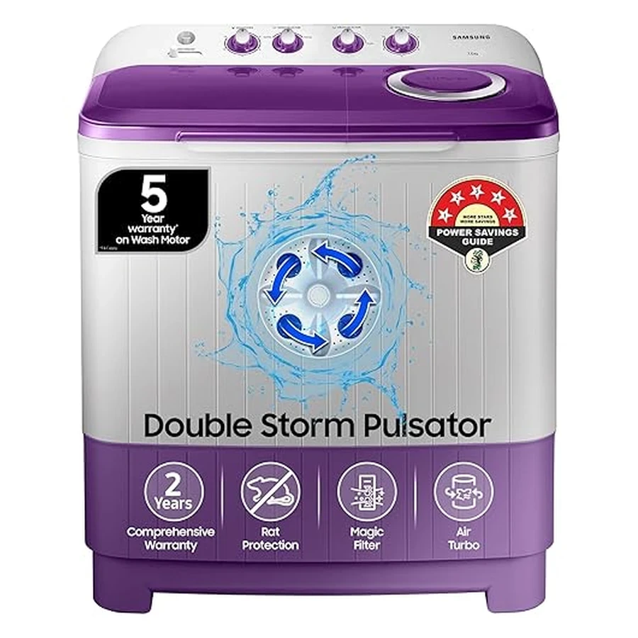 Samsung WT70M3000UU/TL 7Kg Semi-Automatic Top Load Washing Machine | Air Turbo Drying | 1300 RPM | 5-Star Energy Rated | White & Purple