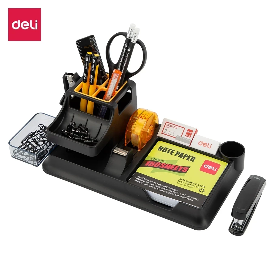 Deli E38252A Rotary Desktop Organiser Set - 16 Stationery Accessories Included, 7 Compartments, Black (260mm)