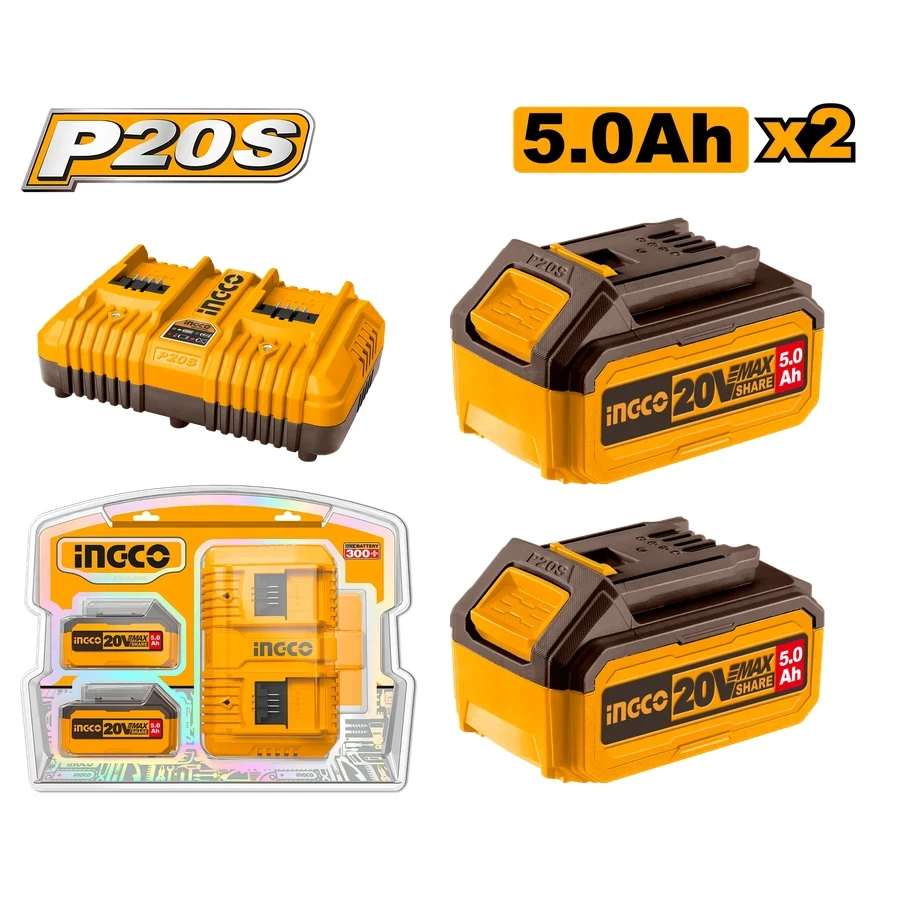 INGCO P20S Lithium-Ion Battery and Charger Kit | 2 x 5.0Ah Batteries | Dual Port Fast Charger | FBCPK2425