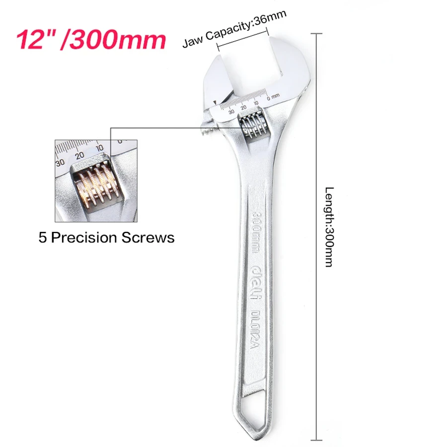 EDL012A Adjustable Spanner 12" - Carbon Steel, Chrome Plated, Laser-Etched Scale, Precision Knurl Mechanism (Silver)