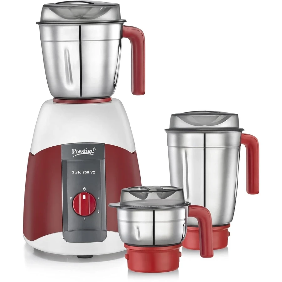 Prestige 41394 Stylo 750 V2 Mixer Grinder 750 Watts | 3 Stainless Steel Jars | Safety Lock Mechanism | Water Drain Facility | Silver