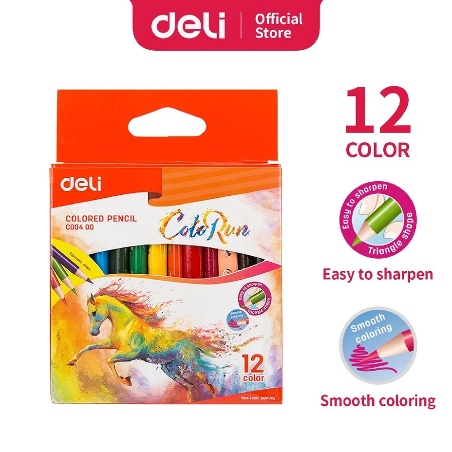 Deli EC400 Half Length Colored Pencil Set - 12 Colors, Ergonomic Triangular Barrel, 2.8mm Lead, and Pre-Sharpened