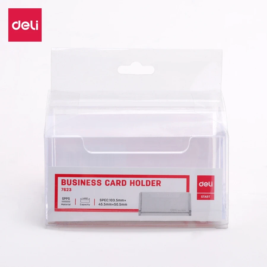 Deli E7623 Business Card Holder - High-Quality Transparent Acrylic, Durable Desktop Display with Round Edges (103.5mm)