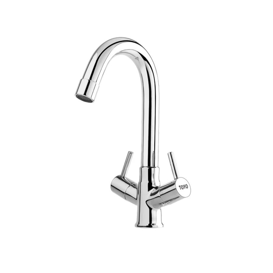TOYO EC-51721 Centre Hole Sink Mixer - Regular Swan Neck, Dual Operating Handles, CP Chrome Finish