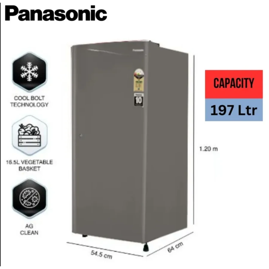 Panasonic NR-A202BWHX 197L Single Door Refrigerator | Toughened Glass Shelves | Humidity Control | Wide Door Pockets | Hair Line Grey