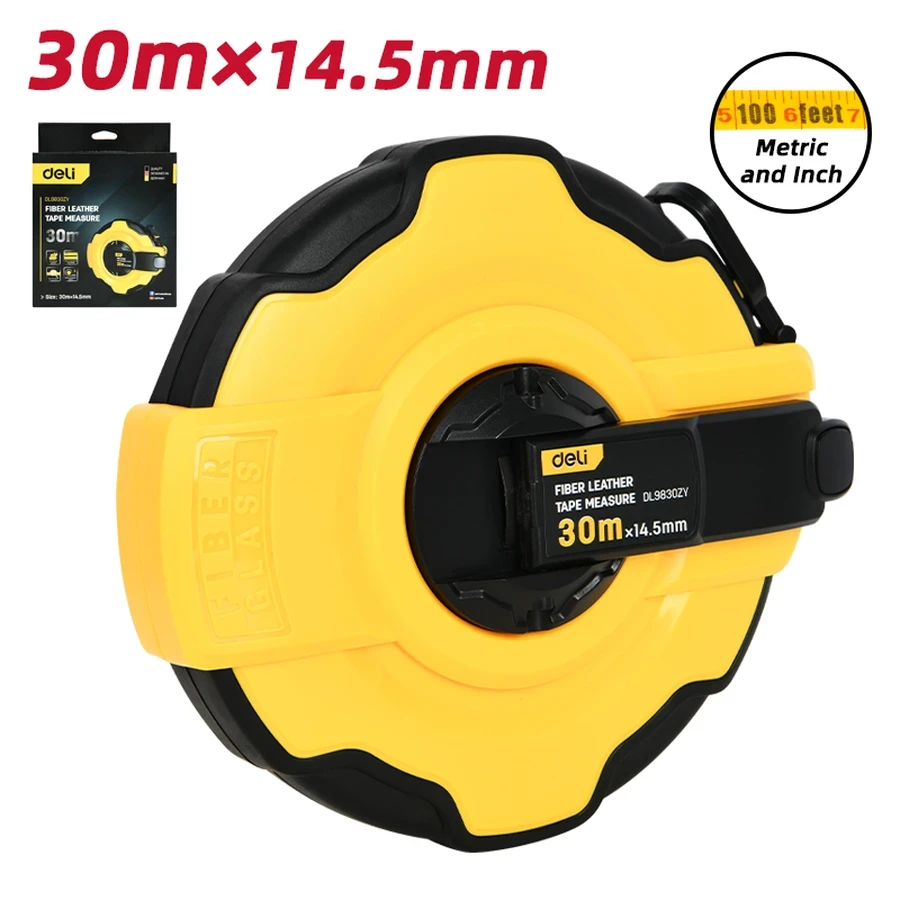 EDL9830ZY Professional Fiberglass Measuring Tape 30m x 14.5mm - High Tensile Strength, Metric & Imperial Scale, Class II Accuracy, ABS/TPR Housing (Yellow)