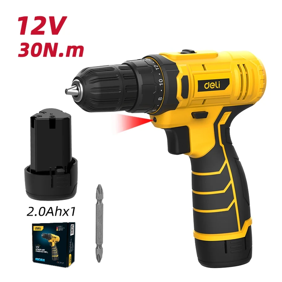 EDL-DZ12-4A2 Cordless Drill 12V - 30 N.m Max Torque, Dual Speed (1500 RPM), 18+1 Torque Settings, 10mm Chuck, 2.0Ah Li-ion Battery (Yellow)