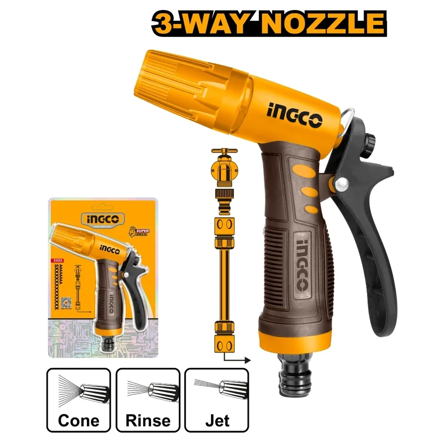 INGCO 3-Way Plastic Trigger Nozzle | TPR Soft Grip | HWSG032