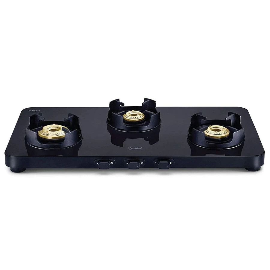 Prestige 40186 Edge PEBS 03 Gas Stove | 3 Tri-Pin Brass Burners | Ultra-Slim Aluminum Frame | Jumbo Burner | Schott Glass | Black