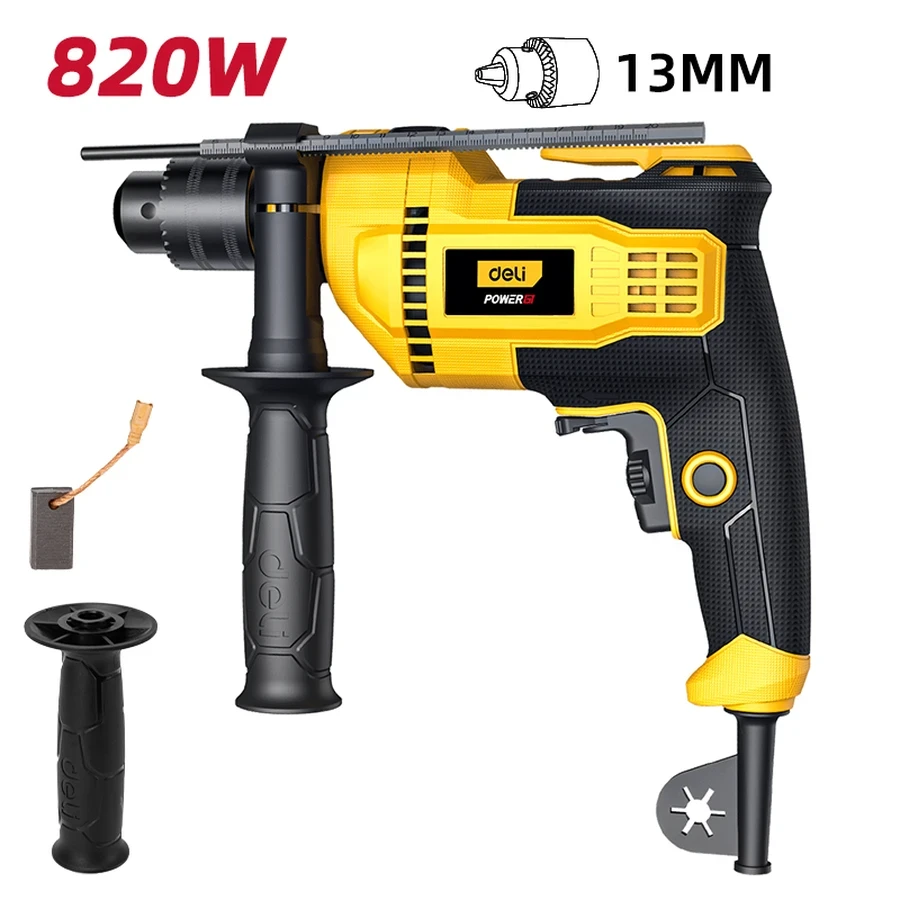 EDL-CZ13-E6 Impact Drill 820W - 13mm Metal Chuck, 48,000 BPM Impact Rate, Variable Speed (3000 RPM), Pure Copper Motor (Yellow)