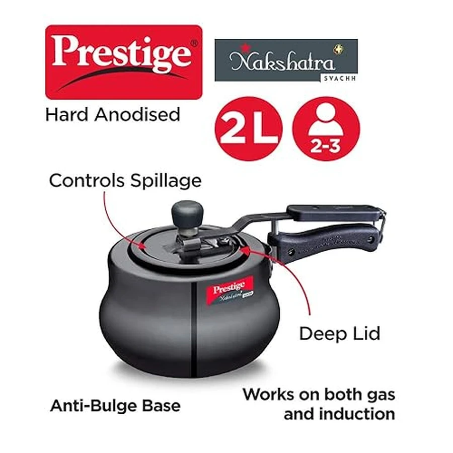 Prestige 10759 Nakshatra Plus Svachh HA Handi 2 LTRS | Deep Lid Spillage Control | Hard Anodised | Gas & Induction Compatible