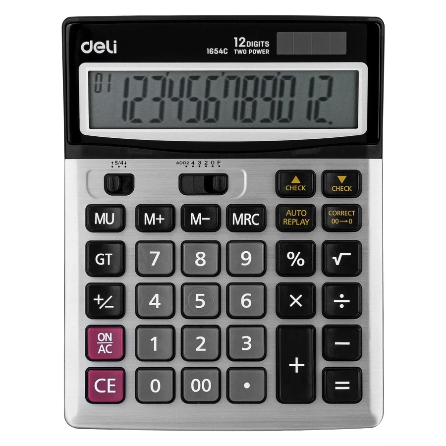 Deli E1654C Professional Desktop Calculator - 12 Digits, Full Metal Body, Dual Power (Dual Force), Silver Finish