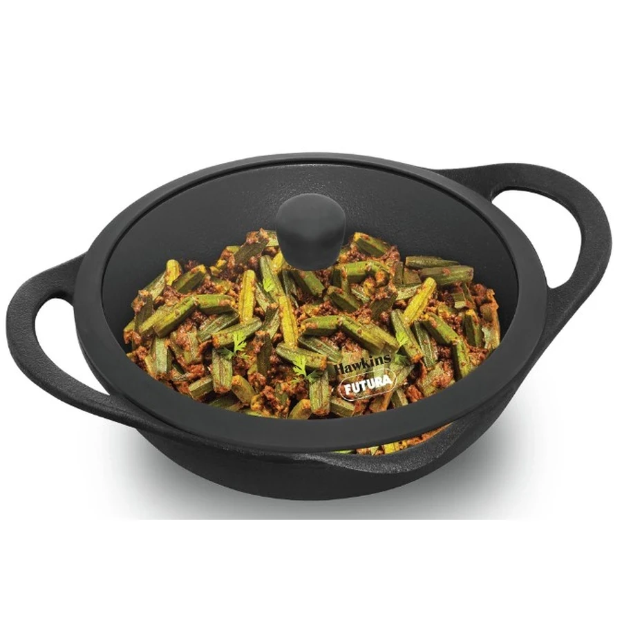 Hawkins CIF24G 24cm Futura Cast Iron Frying Pan | 2L | 5mm Extra Thick Base | Pre-Seasoned | Metal Spoon Friendly | Black