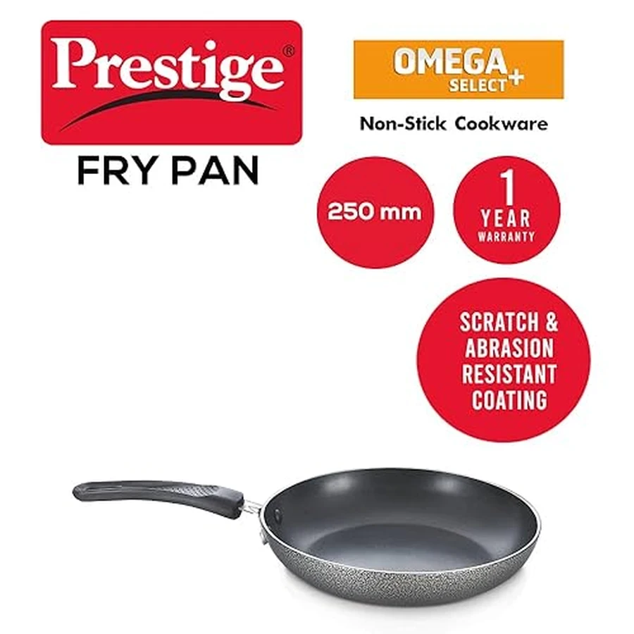 Prestige 30715 Omega Select Plus Fry Pan 250mm | 1.7 Litre | 3-Layer Metal Spoon Friendly Non-Stick | Gas Compatible | Black