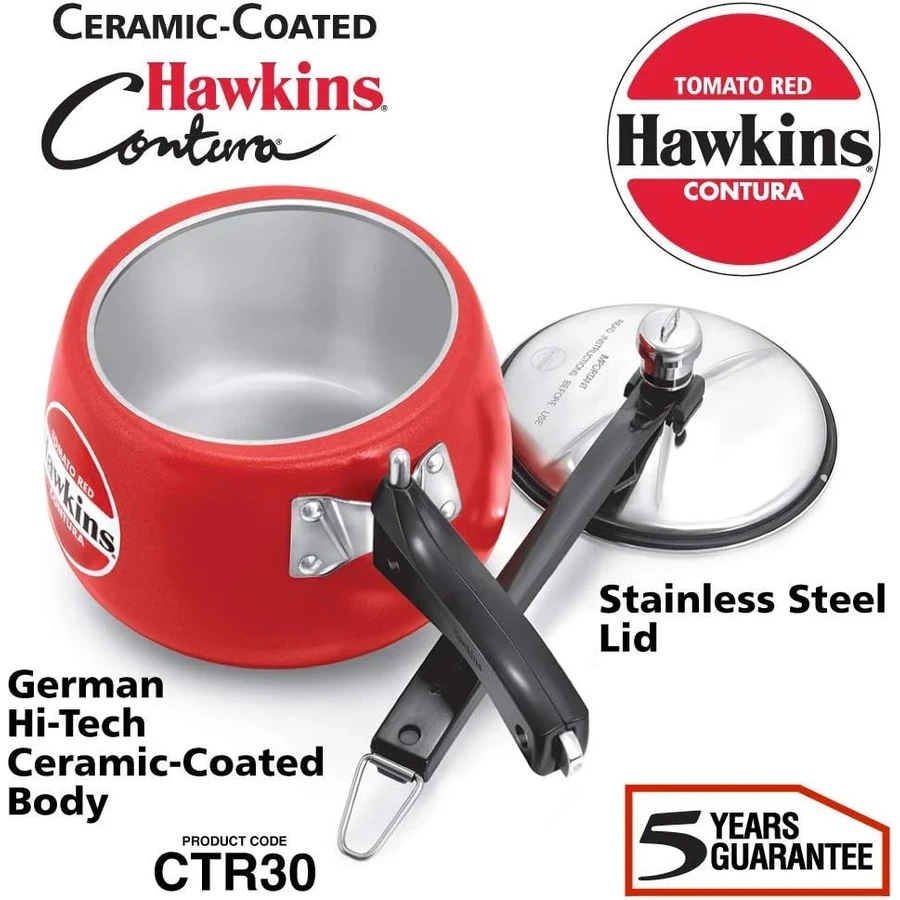 Hawkins CTR30 3L Contura Pressure Cooker | Tomato Red Ceramic Coating | Scratch & Stain Resistant | Black Base | Red